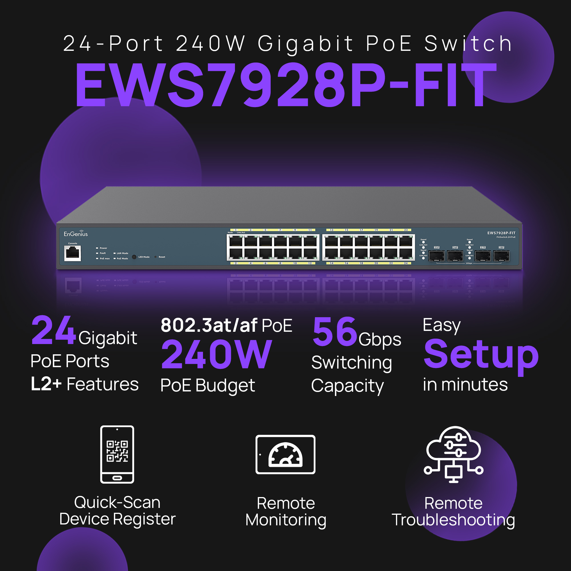 EnGenius EWS7928P-FIT PoE+ Switch 24 x 10/100/1000 Port, 4 x SFP Fiber Port, L2+, 24-Port PoE+, 240W